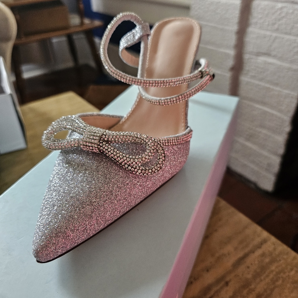 Silver Rhinestone Bow Heels Size 8.5